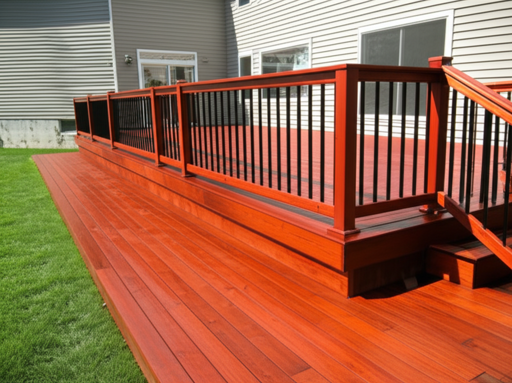 Custom deck construction with golden oak stain